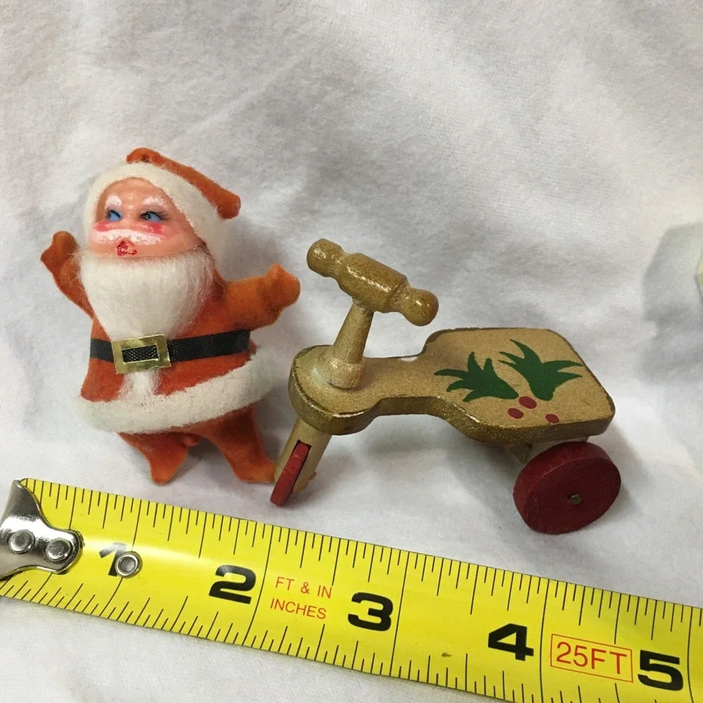 Vintage Flocked Santa Hard Plastic and Wooden Scooter Christmas Ornaments RETRO